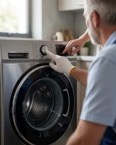Technician wearing gloves adjusts a front load washing machine while a customer interacts with the digital control panel in a kitchen with concrete walls.