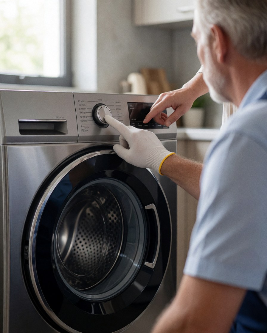 Technician wearing gloves adjusts a front load washing machine while a customer interacts with the digital control panel in a kitchen with concrete walls.