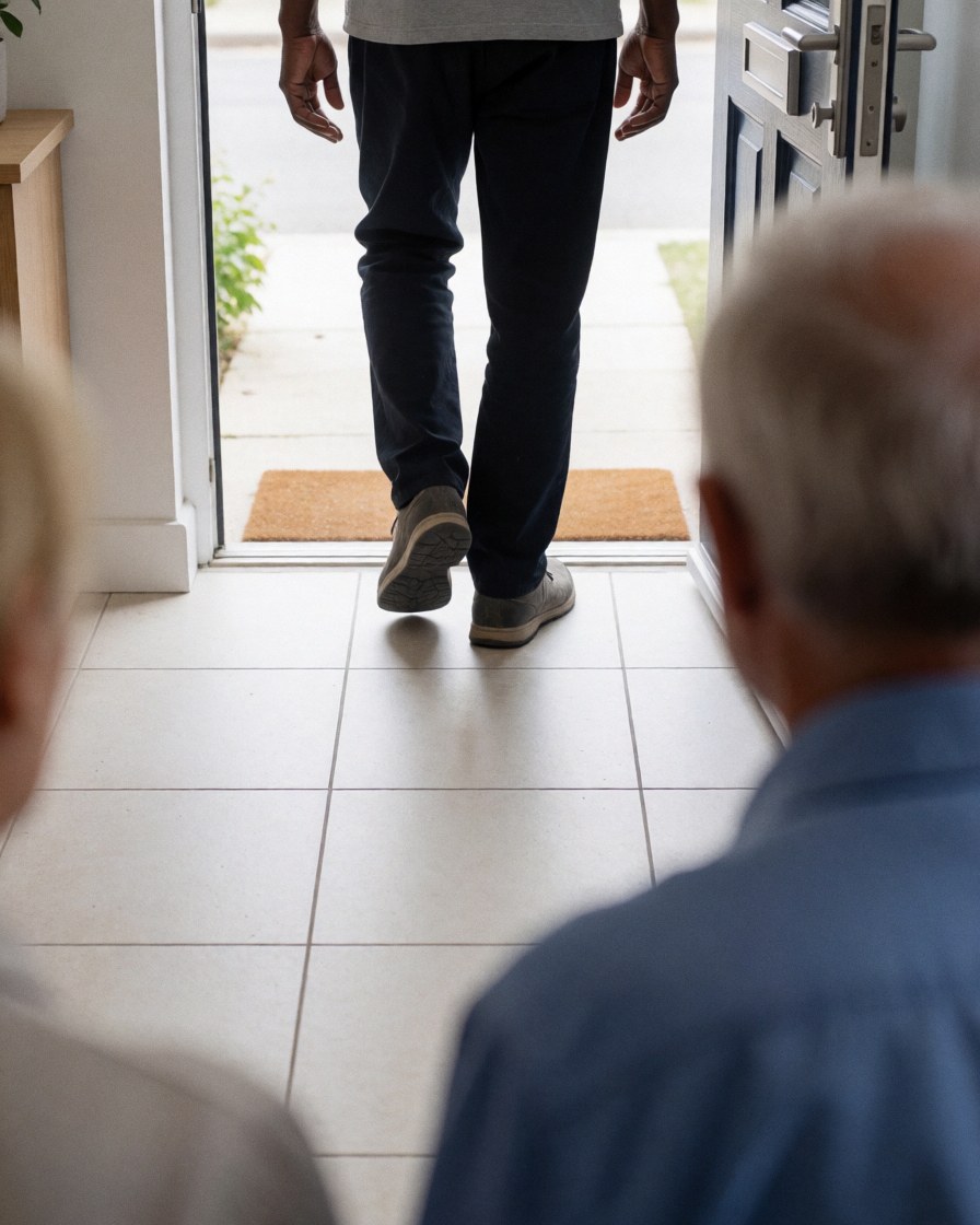 A satisfied customer walking through a newly installed door onto a clean tiled floor, suitable for door installation business marketing.