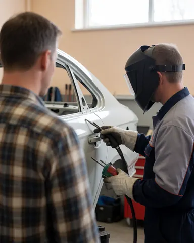 A welder wearing a helmet and gloves works on a white car while a client watches from behind in a beige-walled garage.