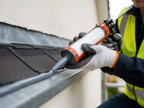 Close-up of a worker applying gray silicone sealant to metal flashing on a roof, wearing safety gear.