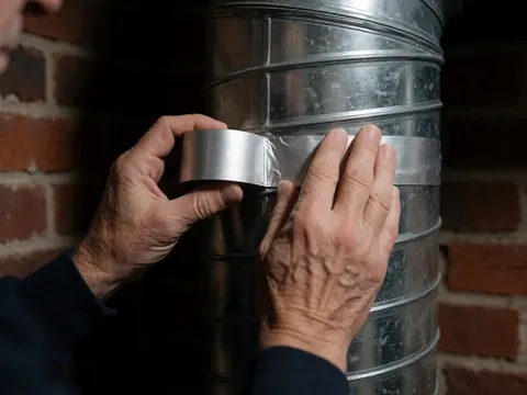 Hands applying aluminum tape to a metal HVAC duct joint during a heating repair job against a red brick wall background