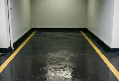 Yellow parking lines on wet asphalt with gray walls and falling rain, ready for taxi service