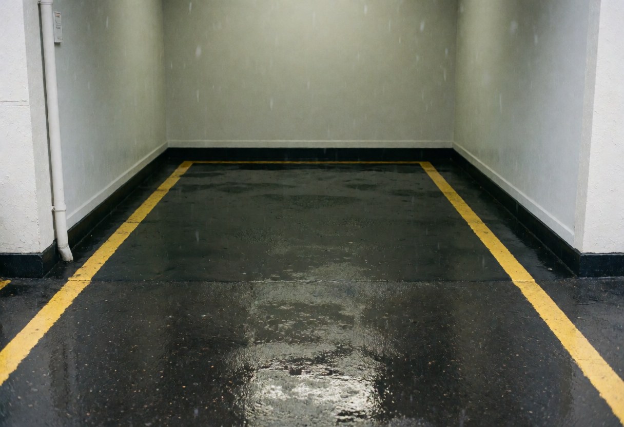 Yellow parking lines on wet asphalt with gray walls and falling rain, ready for taxi service