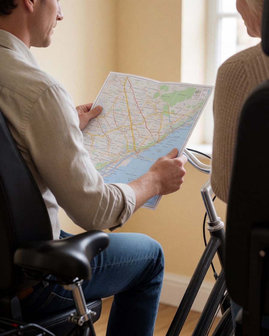 Bicycle taxi driver holding a map for a seated customer during a service interaction