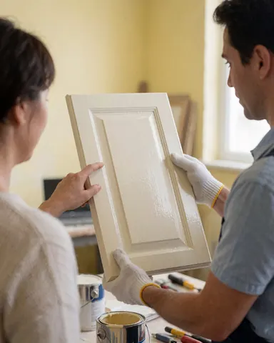 A happy customer wearing white gloves inspects a freshly painted kitchen cabinet door held by an installer in a workshop with tools and paint.