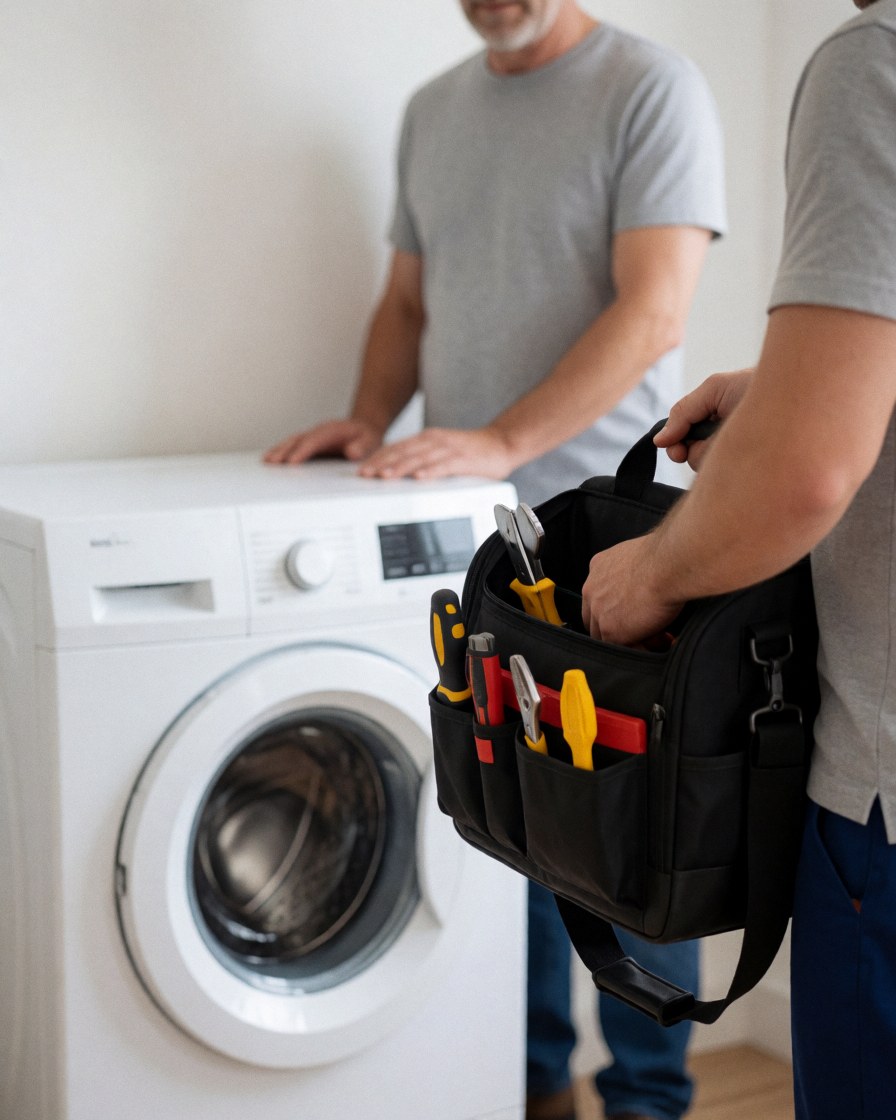 Technician places tools in bag after washing machine repair: service photo for washing machine repair websites