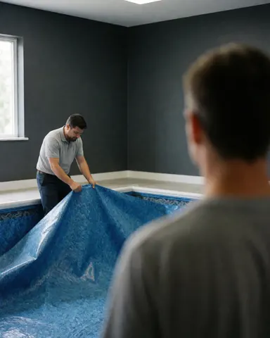 Pool installer installing a blue liner in an indoor pool with gray walls while a client observes the work from behind.