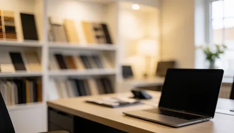 Office desk featuring finish samples on a shelf and a laptop, with a blurred background suitable for design service text overlays