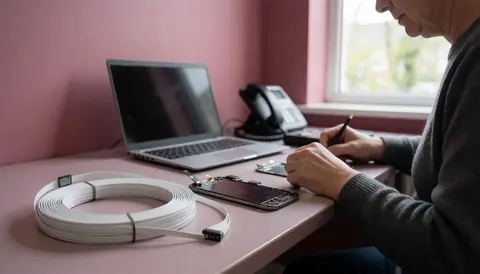 Technician repairing a disassembled smartphone screen on a pink table with a white cable and laptop in an electronics workshop