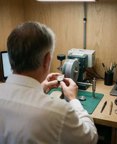 A watchmaker polishing a watch case using a lathe in a workshop with wooden walls and tools.