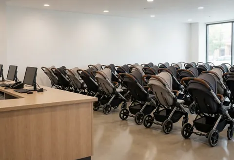 Rows of baby strollers arranged neatly in a clean, modern retail space featuring a wooden table and polished floor.