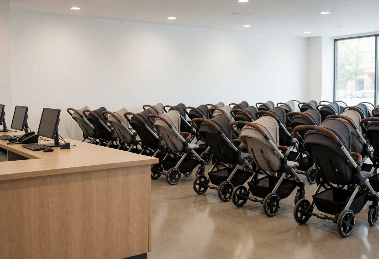 Rows of baby strollers arranged neatly in a clean, modern retail space featuring a wooden table and polished floor.