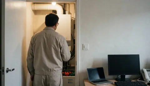 A heating technician inspects a direct combustion boiler in a basement with visible chimney piping and space for text on the right.