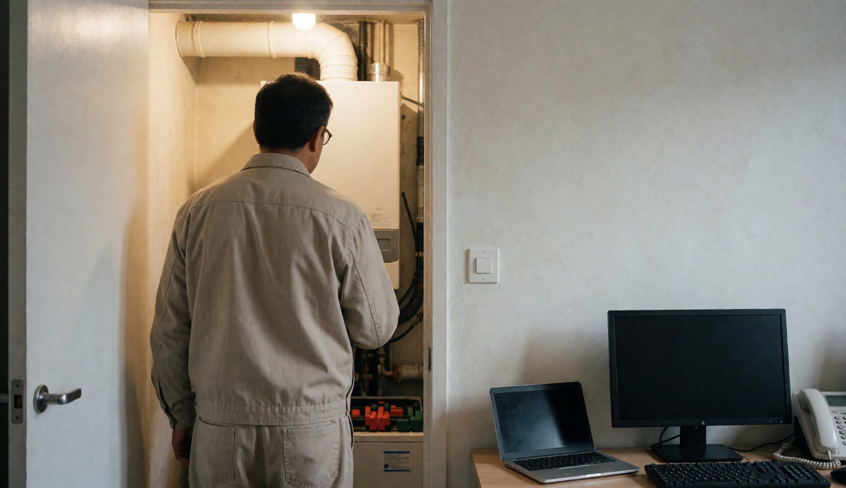 A heating technician inspects a direct combustion boiler in a basement with visible chimney piping and space for text on the right.