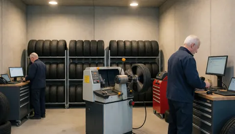 Two mechanics work in a tire shop with visible machinery and tires, one at a computer and the other at a balancing machine.