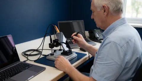 Technician repairing a cell phone on a stand with diagnostic tools, dark blue wall, laptop, and landline in a repair shop.