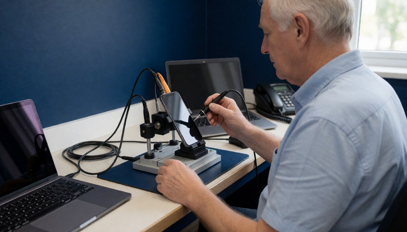 Technician repairing a cell phone on a stand with diagnostic tools, dark blue wall, laptop, and landline in a repair shop.