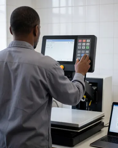 Technician adjusting the digital interface of a thermal press machine in a workshop with white tiled walls, showing industrial equipment in use.