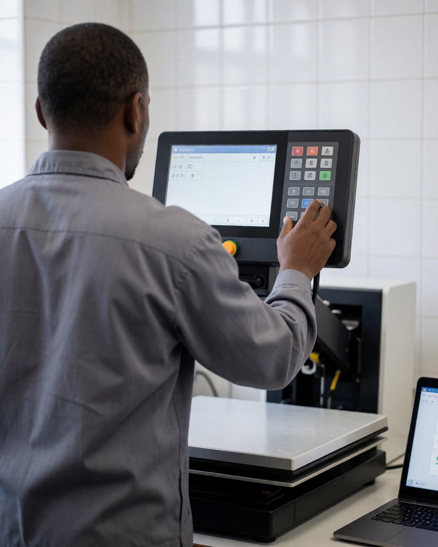 Technician adjusting the digital interface of a thermal press machine in a workshop with white tiled walls, showing industrial equipment in use.