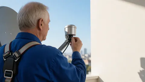 Technician adjusting LNB on satellite dish on balcony with city background, professional installation scene