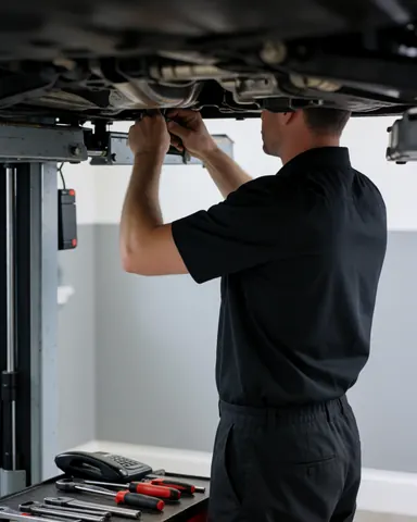 Technician working on vehicle undercarriage with tools on a table in a gray-walled garage