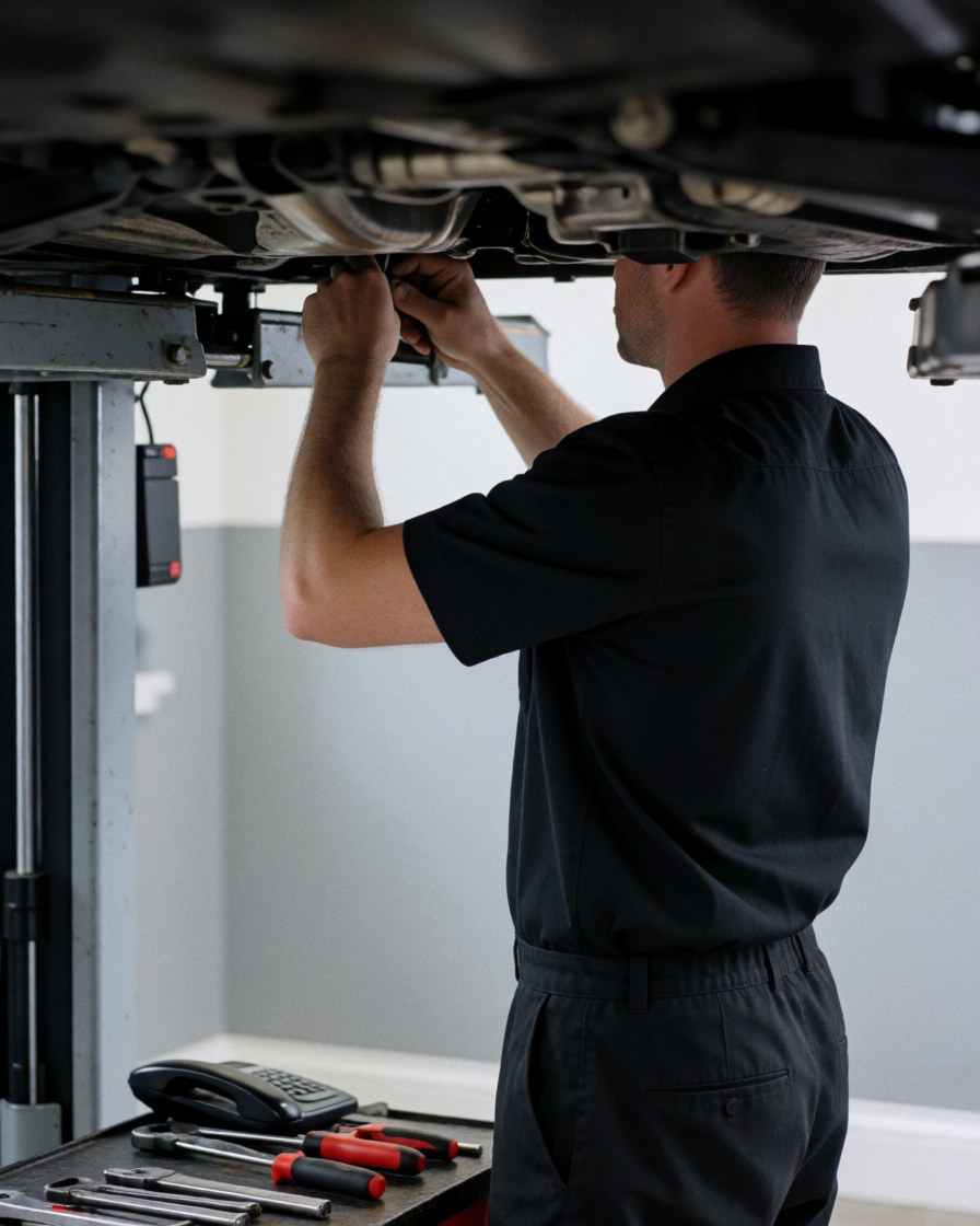 Technician working on vehicle undercarriage with tools on a table in a gray-walled garage