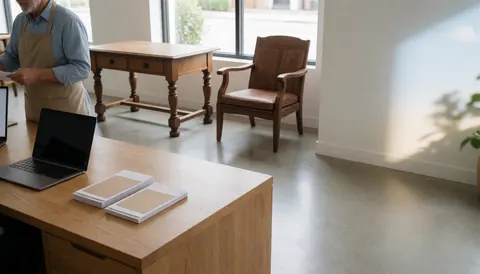 Restored wooden table and chair in a furniture restoration workshop reception with laptop and brochures on light wood surface