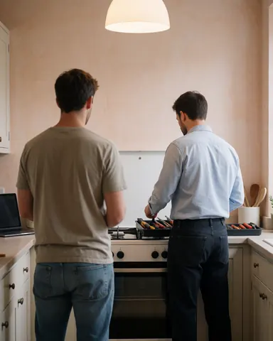 Technician organizing tools near a white stove in a kitchen with light plaster walls and diffused light