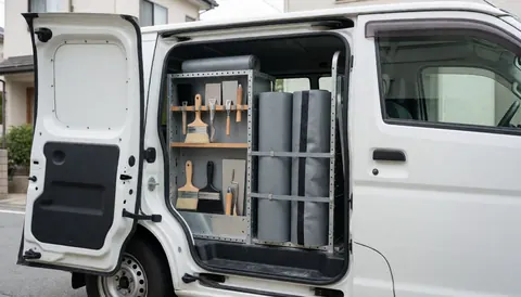 A white work van equipped with waterproofing supplies, including rolls of gray material and brushes, parked on a residential street.