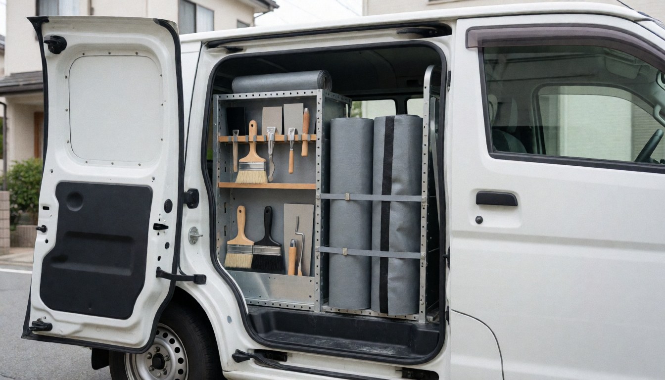 A white work van equipped with waterproofing supplies, including rolls of gray material and brushes, parked on a residential street.