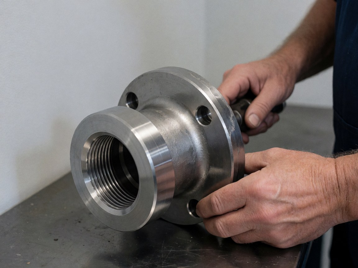 Close-up of hands working on a threaded metal flange on an industrial surface with light gray walls, showing mechanical precision details.