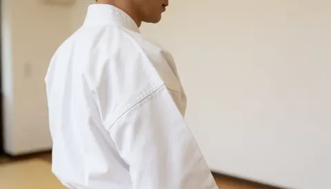 Side profile of a karate practitioner in a white gi standing in a training posture against white walls, suitable for a dojo website hero section