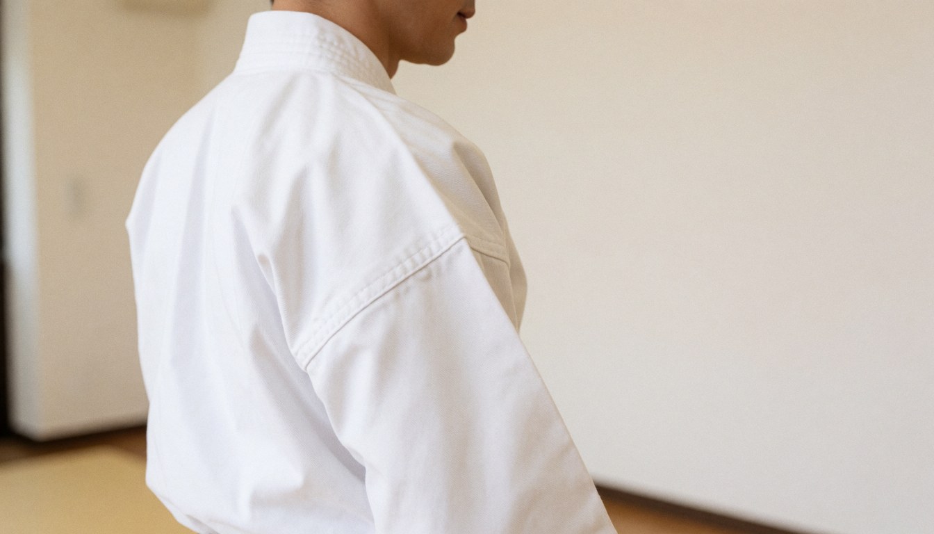 Side profile of a karate practitioner in a white gi standing in a training posture against white walls, suitable for a dojo website hero section