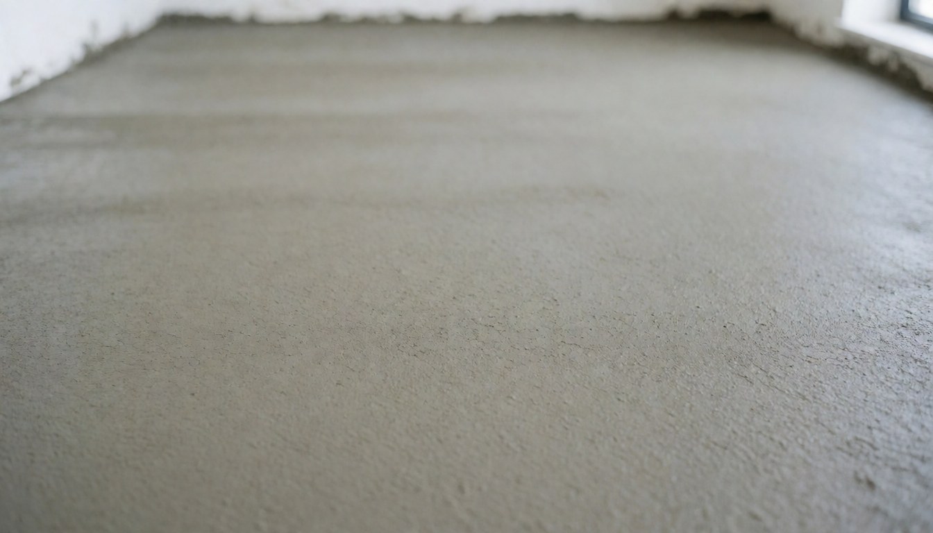 A freshly poured concrete floor with white walls and a window, serving as a neutral background for tennis court installation text.