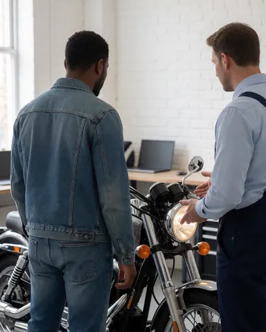 A mechanic explains the service to a customer while pointing at the lit headlight of a motorcycle in a workshop with white brick walls.