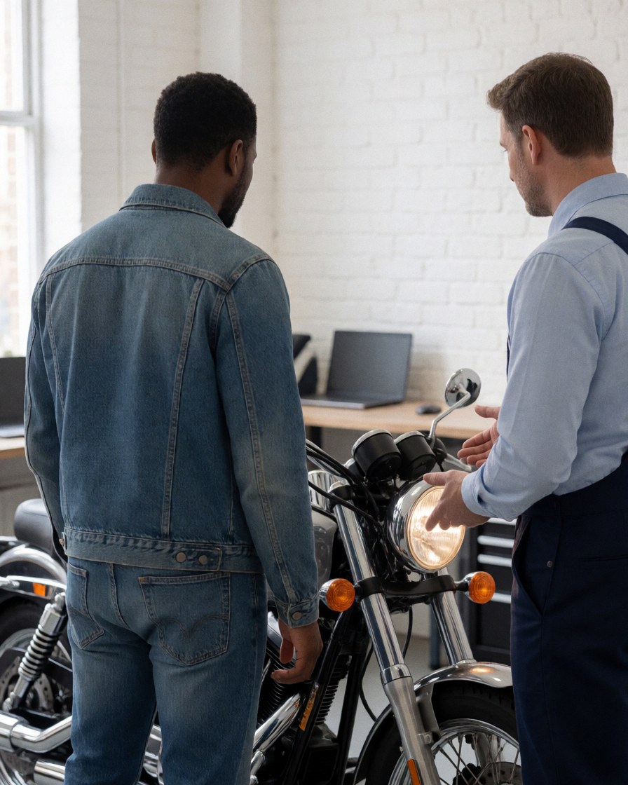 A mechanic explains the service to a customer while pointing at the lit headlight of a motorcycle in a workshop with white brick walls.