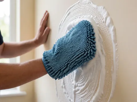 Hand with blue microfiber glove rubbing white foam on beige wall during car wash service