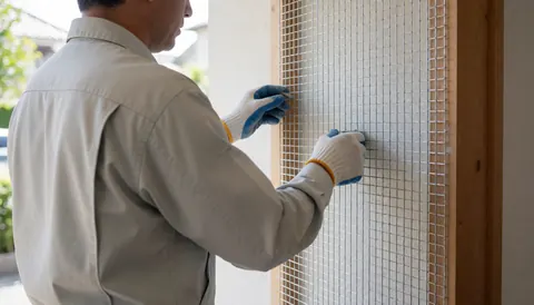 Worker installing metal mesh on exterior wall frame for thermal insulation under natural light