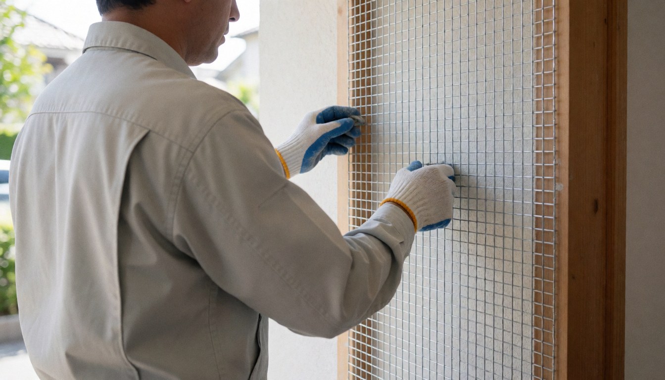 Worker installing metal mesh on exterior wall frame for thermal insulation under natural light