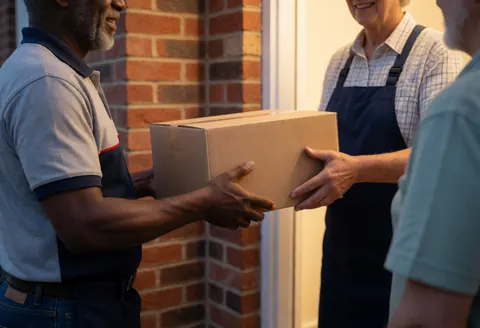 Courier delivering a package to a customer at a home entrance with a brick wall and warm lighting