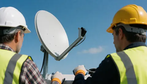 Two technicians in safety gear adjust a white satellite dish on a roof under a blue sky, demonstrating professional antenna installation service.