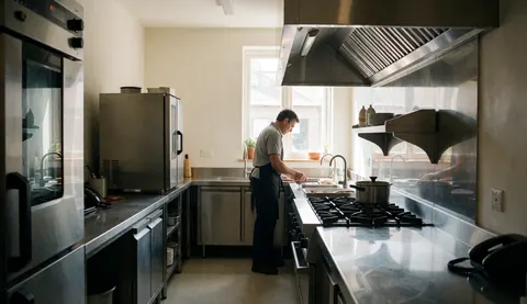 A technician works on stainless steel surfaces in a professional kitchen environment, demonstrating commercial appliance repair service.
