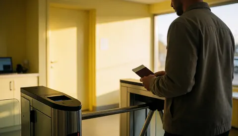 A traveler holding a passport stands near an airport turnstile with golden light and soft yellow walls.