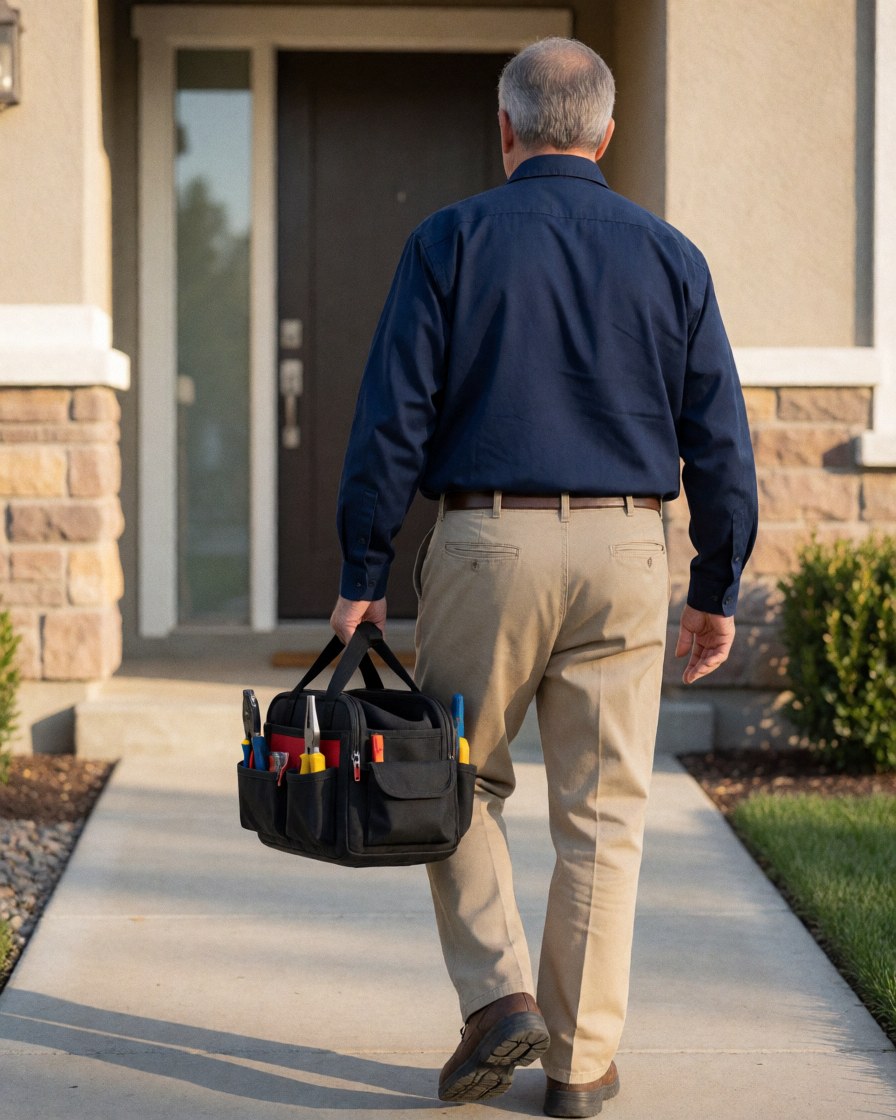A male electrician carrying a tool backpack walks toward the entrance of a modern residential house.