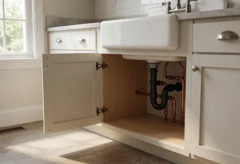 Open cabinet revealing copper plumbing pipes and black drain pipe beneath a white kitchen sink with natural light
