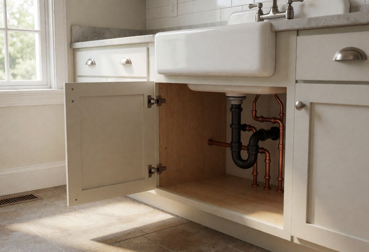 Open cabinet revealing copper plumbing pipes and black drain pipe beneath a white kitchen sink with natural light