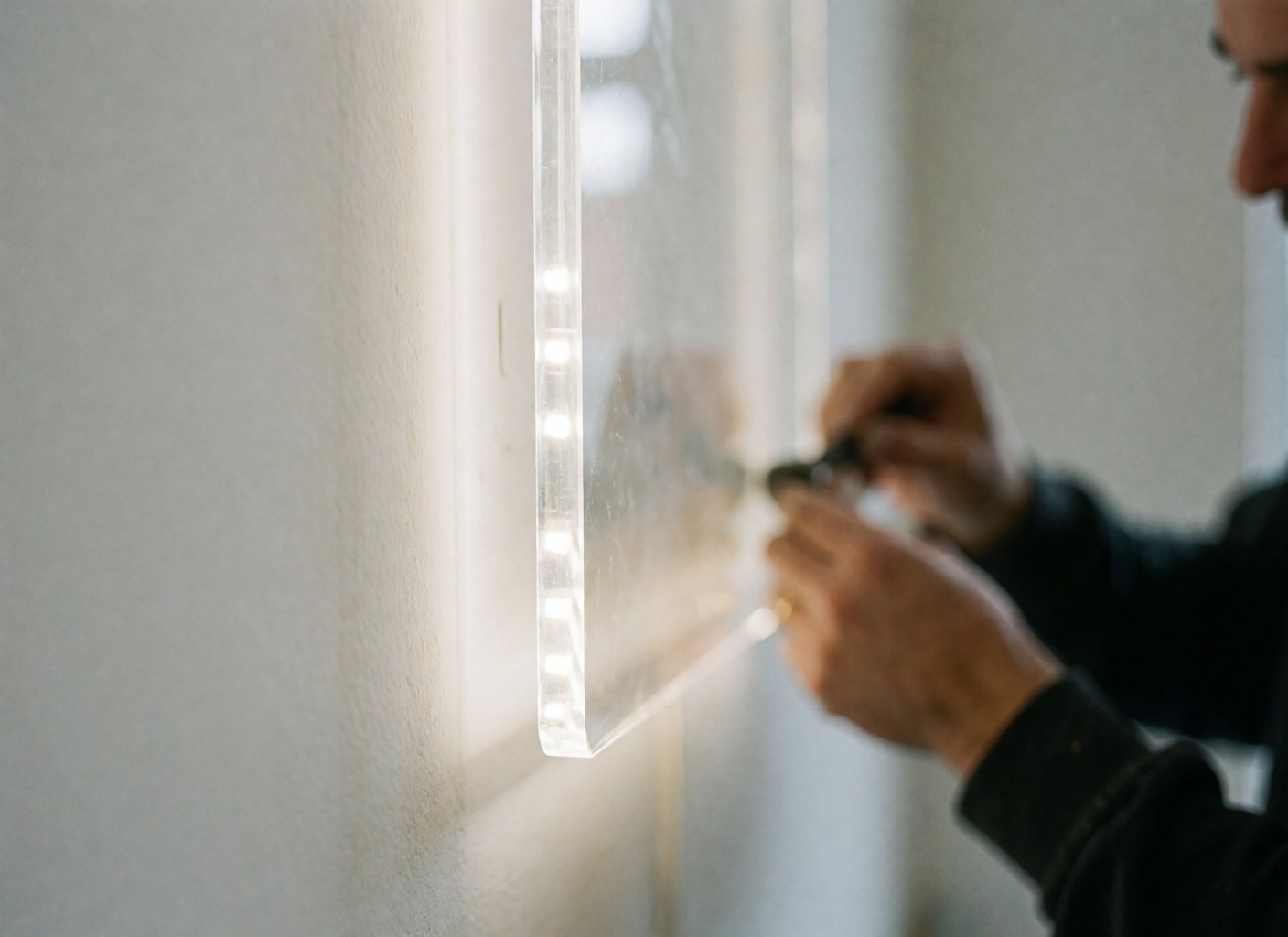 Close-up of an illuminated acrylic sign edge with hands applying adhesive to a white wall for printers