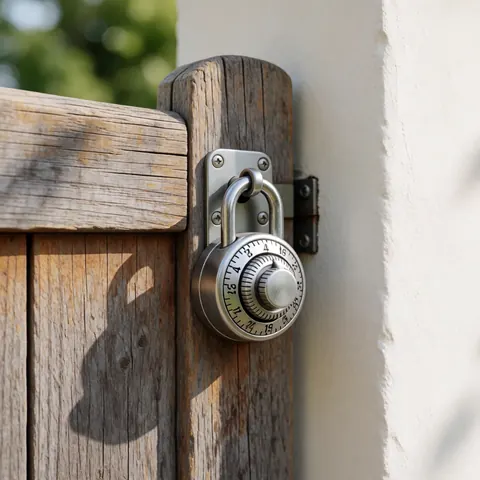 Metal combination lock mounted on an old wooden door with a white wall and sunlight shadow