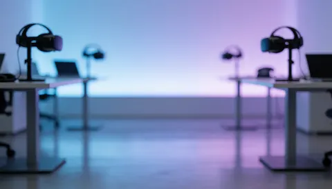 VR headsets on stands in an entertainment center with computer tables and polished floor under blue and purple lighting